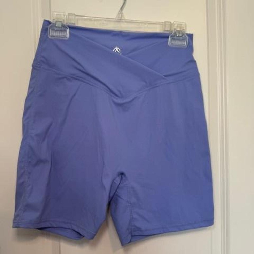 Sunzel Womens Crossover Waist Biker Shorts Periwinkle Blue High Rise Yoga Large
